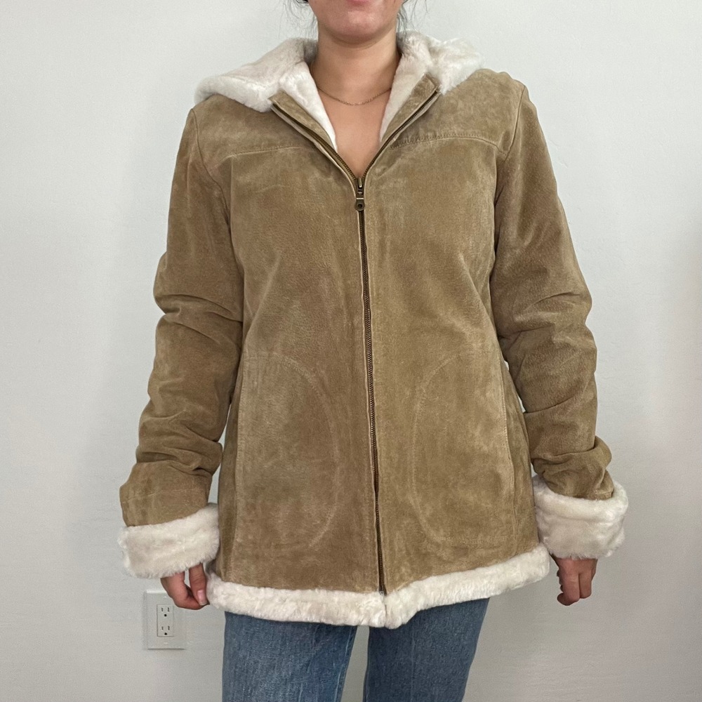 Adler‎ Collection Suede Sherpa Lined Hooded Jacket Coat Size M Full Zip - Picture 4 of 14